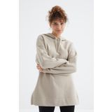 Koyu Bej Reglan Kol Renk Detaylı Basıc Kapüşonlu Oversize Tunik - 97242 | S