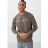 Koyu Bej Yazı Nakışlı O Yaka Rahat Form İçi Polarlı Erkek Sweatshirt - 88020