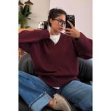 Koyu Bordo V Yaka Oversize Kadın Triko Kazak MG2149