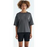 Koyu Gri O Yaka Baskı Detaylı Oversize Kısa Kol Kadın T-Shirt - 97263