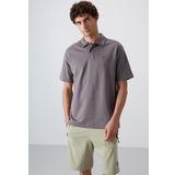 Koyu Gri Pamuklu Kalın Yumuşak Dokulu Oversize Fit Basic Polo Yaka Erkek T-Shirt - 88327