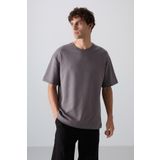 Koyu Gri Pamuklu Kalın Yumuşak Dokulu Oversize Fit Baskılı Erkek T-Shirt - 88324