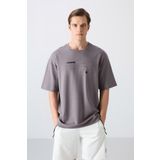 Koyu Gri Pamuklu Kalın Yumuşak Dokulu Oversize Fit Baskılı Erkek T-Shirt - 88326
