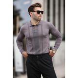 Koyu Gri Polo Yaka Çizgili Erkek Triko Kazak 7265