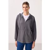 Koyu Gri Yumuşak Dokulu Kapüşonlu Oversize Kadın Tunik Sweatshirt - 97302