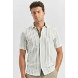 Koyu Haki Kısa Kollu Çizgili Armürlü Garnili Pamuklu Casual Slim Fit Dar Kesim Gömlek 1004240244