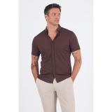 Koyu Kahverengi Italyan Düğmeli Yaka Kısa Kol Cepsiz Slim Fit Gömlek 1004250255 - 3XL