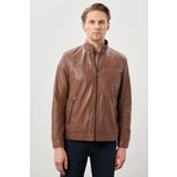 Koyu Kahverengi Suni Deri Hakim Yaka Düz Yırtmaçsız Tam Astar Slim Fit Casual Deri Mont 1038245151