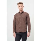 Koyu Kahverengi Uzun Kol Baskılı Bez Ayağı Yarım İtalyan Yaka Cepsiz Pamuklu Classic Slim Fit Gömlek 1004245222