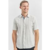 Koyu Lacivert Kısa Kollu Çizgili Armürlü Garnili Pamuklu Casual Slim Fit Dar Kesim Gömlek 1004240244