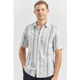 Koyu Lacivert Kısa Kollu Çizgili Armürlü Pamuklu Casual Slim Fit Dar Kesim Gömlek 1004240243