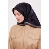 Koyu Lacivert Şerit Leopar Desen Twill İpek Eşarp
