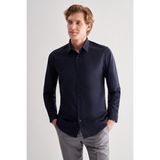 Koyu Lacivert Sert Yaka Filafil Desen Uzun Kol Slim Fit Pamuklu Gömlek 1004255181