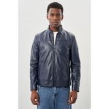Koyu Lacivert Suni Deri Hakim Yaka Düz Yırtmaçsız Tam Astar Slim Fit Casual Deri Mont 1038245151 - 48