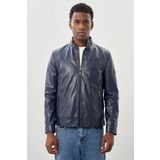 Koyu Lacivert Suni Deri Hakim Yaka Düz Yırtmaçsız Tam Astar Slim Fit Casual Deri Mont 1038245151