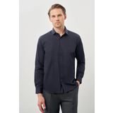 Koyu Lacivert Uzun Kol Düz Bez Ayağı Yarım İtalyan Yaka Cepsiz Pamuklu Classic Slim Fit Gömlek 1004245268