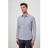 Koyu Lacivert Uzun Kol Kendinden Desenli Armürlü Sert Yaka Cepsiz Pamuklu Classic Slim Fit Gömlek 1004245161