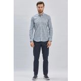Koyu Lacivert Uzun Kollu Baskılı Biritli Yaka Cepsiz Pamuklu Klasik Slim Fit Dar Kesim Gömlek 1004240213