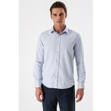 Koyu Lacivert Uzun Kollu Desenli Armürlü Sert Yaka Cepsiz Pamuklu Slim Fit Dar Kesim Gömlek 1004235171