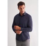 Koyu Lacivert Yarım Italyan Yaka Uzun Kol Cepsiz Slimfit Fit Classic Gömlek 1004255162