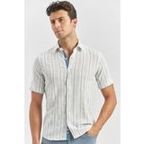 Koyu Mavi Kısa Kollu Çizgili Armürlü Pamuklu Casual Slim Fit Dar Kesim Gömlek 1004240245