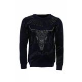 Koyu Mavi Taşlı Boğa Kafası Baskılı Bisiklet Yaka Sweatshirt | Wessi