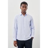 Koyu Mavi Uzun Kol Armürlü Sert Yaka Cepsiz Pamuklu Classic Slim Fit Gömlek 1004245226 - 2XL