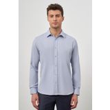 Koyu Mavi Uzun Kol Kendinden Desenli Armürlü Sert Yaka Cepsiz Pamuklu Classic Slim Fit Gömlek 1004245161