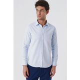 Koyu Mavi Uzun Kollu Armürlü Cepsiz Pamuklu Likralı Slim Fit Dar Kesim Gömlek 1004240193