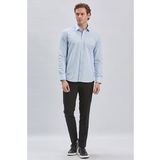 Koyu Mavi Uzun Kollu Bez Ayağı Sert Yaka Cepsiz Pamuklu Klasik Slim Fit Dar Kesim Gömlek 1004240230