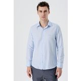 Koyu Mavi Uzun Kollu Desenli Armürlü Sert Yaka Cepsiz Pamuklu Slim Fit Dar Kesim Gömlek 1004235168