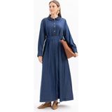 Koyu Mavi-Yarım Patlı Kuşaklı Denim Elbise - 38