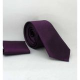 Koyu Mor Slim Fit (ince) Düz Renk Mendilli Saten Kravat - SS-21 SS-21-GF