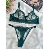 Koyu Yeşil Büyük Beden C Cup Dantelli Brode Iç Çamaşır Takımı Bralette (Balenli Sütyen &tanga) - Yeşil - Koyu Yeşil - 100C