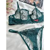 Koyu Yeşil Dantelli Brode Iç Çamaşır Takımı Bralette (Balenli Sütyen &tanga) Fantezii Giyim - Yeşil - Koyu Yeşil - 75B