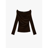 Koyun Yünü Karışımlı Slim Fit Uzun Kollu Kruvaze Degaje Yaka Açık Omuz Bluz