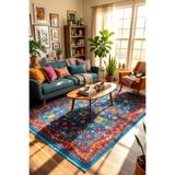Koza Halı Koza Hayad Pop Mavi Etnik Desenli Renkli Modern Salon Koridor Oturma Yatak Odası Halı Kilim A5645D