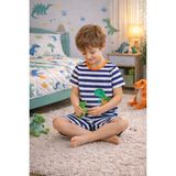 Koza İç Giyim Erkek Çocuk Pamuklu Çizgili Baskılı Kısa Kollu Şortlu Pijama Takımı - Lacivert - Turuncu - 7 - 8 Yaş