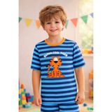 Koza İç Giyim Erkek Çocuk Pamuklu Çizgili Baskılı Kısa Kollu Şortlu Pijama Takımı - Mavi - Turuncu - 7 - 8 Yaş