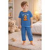 Koza İç Giyim Erkek Çocuk Pamuklu Çizgili Baskılı Kısa Kollu Uzun Alt Pijama Takımı - Mavi - Turuncu - 5 - 6 Yaş