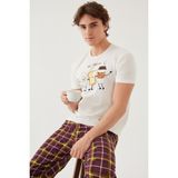 Koza İç Giyim Erkek Kısa Kollu Pamuklu Ekose Desenli Breakfast Baskılı Pijama Takımı - XL - Bordo - Ekru - Sarı