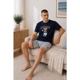 Koza İç Giyim Erkek Lacivert Baskılı Çizgili Cepli Şortlu Pijama Takımı Konforlu Örme Kumaş - Lacivert - Beyaz - 2XL