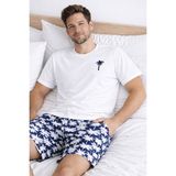 Koza İç Giyim Erkek Pamuklu Kısa Kollu Palmiye Desenli Cepli Şortlu Pijama Takımı - Lacivert - Beyaz - 2XL