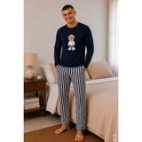 Koza İç Giyim Erkek Pamuklu Uzun Kollu Ayıcık Baskılı Alt Çizgili Pijama Takımı - Mavi - Beyaz - XL
