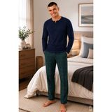 Koza İç Giyim Erkek Pamuklu Uzun Kollu Önü Patlı Ekose Desenli Pijama Takımı - Lacivert - Yeşil - 2XL