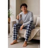 Koza İç Giyim Erkek Pamuklu Uzun Kollu Yamalı Ekose Desenli Pijama Takımı - Mavi - Gri - XL