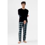 koza iç giyim Erkek Pamuklu Uzun Kollu Yamalı Ekose Desenli Pijama Takımı
