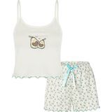 koza iç giyim Kadın İnce Askılı Baby Overloklu Avokado Desenli Crop Top Şortlu Pijama Takımı