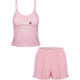 Koza İç Giyim Kadın Ince Askılı Desenli Pamuklu Şortlu Pijama Takımı - Pembe