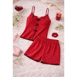 Koza İç Giyim Kadın İnce Askılı Fiyonklu Pamuklu Şortlu Pijama Takımı - Bordo